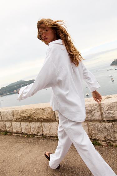 PANTALÓN RECTO CON LINO - Blanco roto de Zara