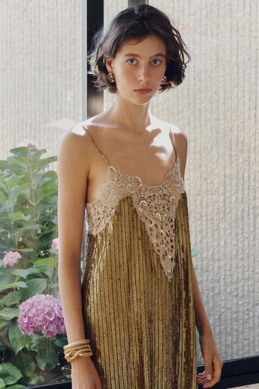 SEQUINNED LACE MINI DRESS - Gold by Zara - Image 1
