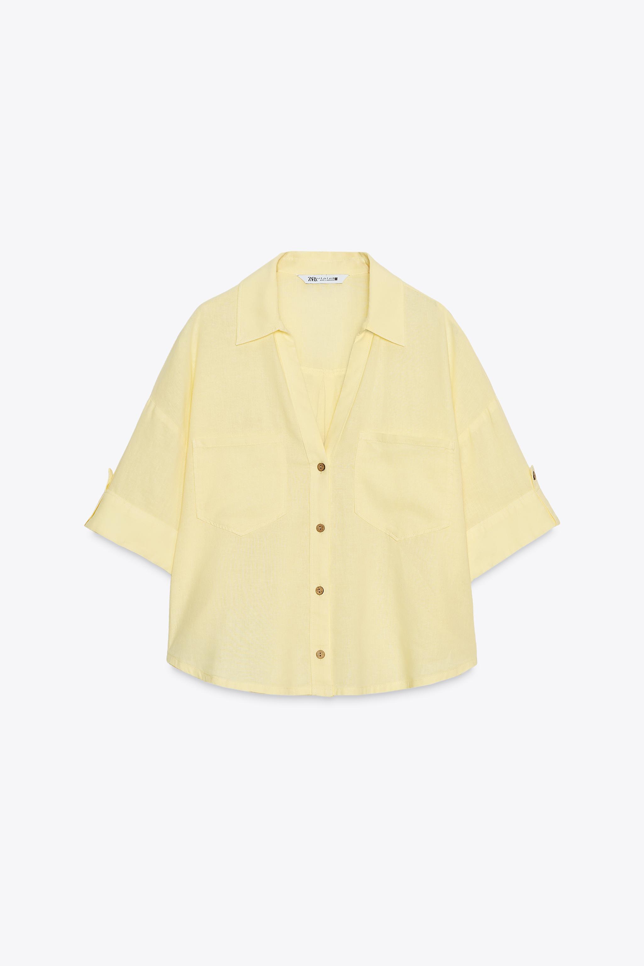 リネン混クロップド丈シャツ - イエロー | ZARA Japan / 日本