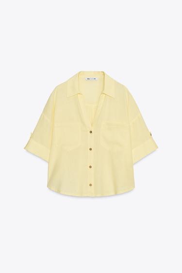 Zara LINEN BLEND CROPPED SHIRT - Yellow
