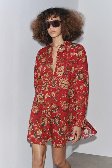 Zara ZW COLLECTION LONG PRINTED SHIRT - Dark red