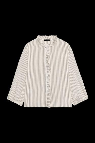 STRIPED SHIRT WITH RUFFLES - Ecru / Brown by Zara