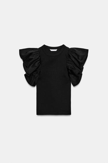 CONTRAST RIBBED T-SHIRT WITH RUFFLES - Black by Zara