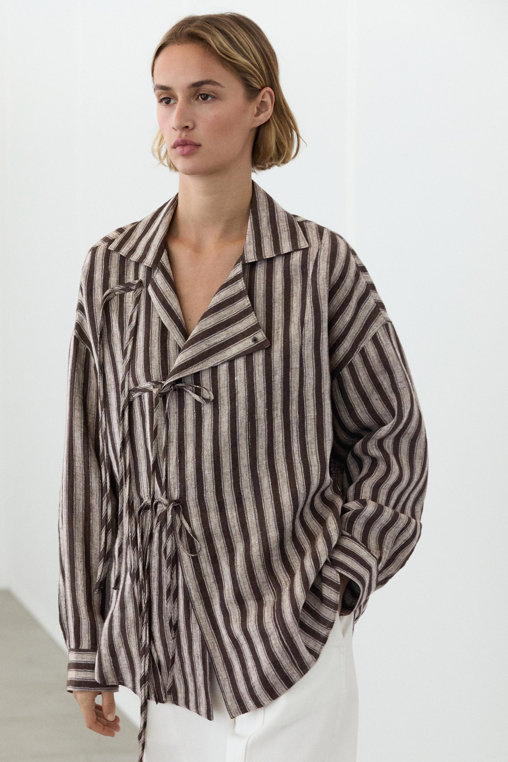Striped wrap shirt with tie detail