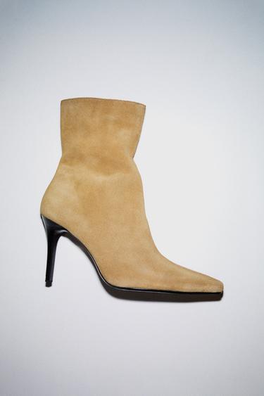 Zara SPLIT LEATHER STILETTO HEEL ANKLE BOOTS - Beige