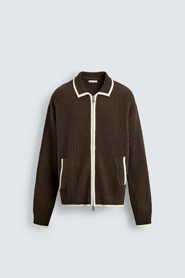 CONTRAST RIB KNIT CARDIGAN - Brown by Zara
