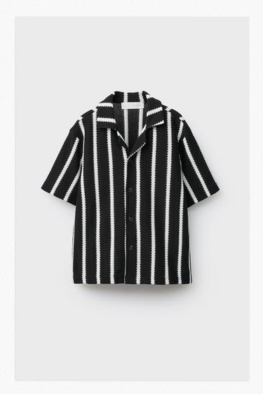STRIPED TEXTURED CAMP COLLAR SHIRT - Ecru / Black by Zara