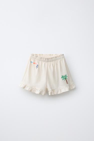 TROPICAL PRINT RUFFLE HEM BERMUDA SHORTS - Ecru by Zara - Image 0