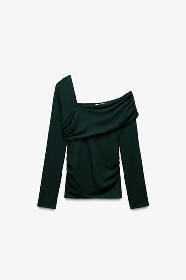 TOP WITH ASYMMETRIC NECKLINE - Bottle green by Zara