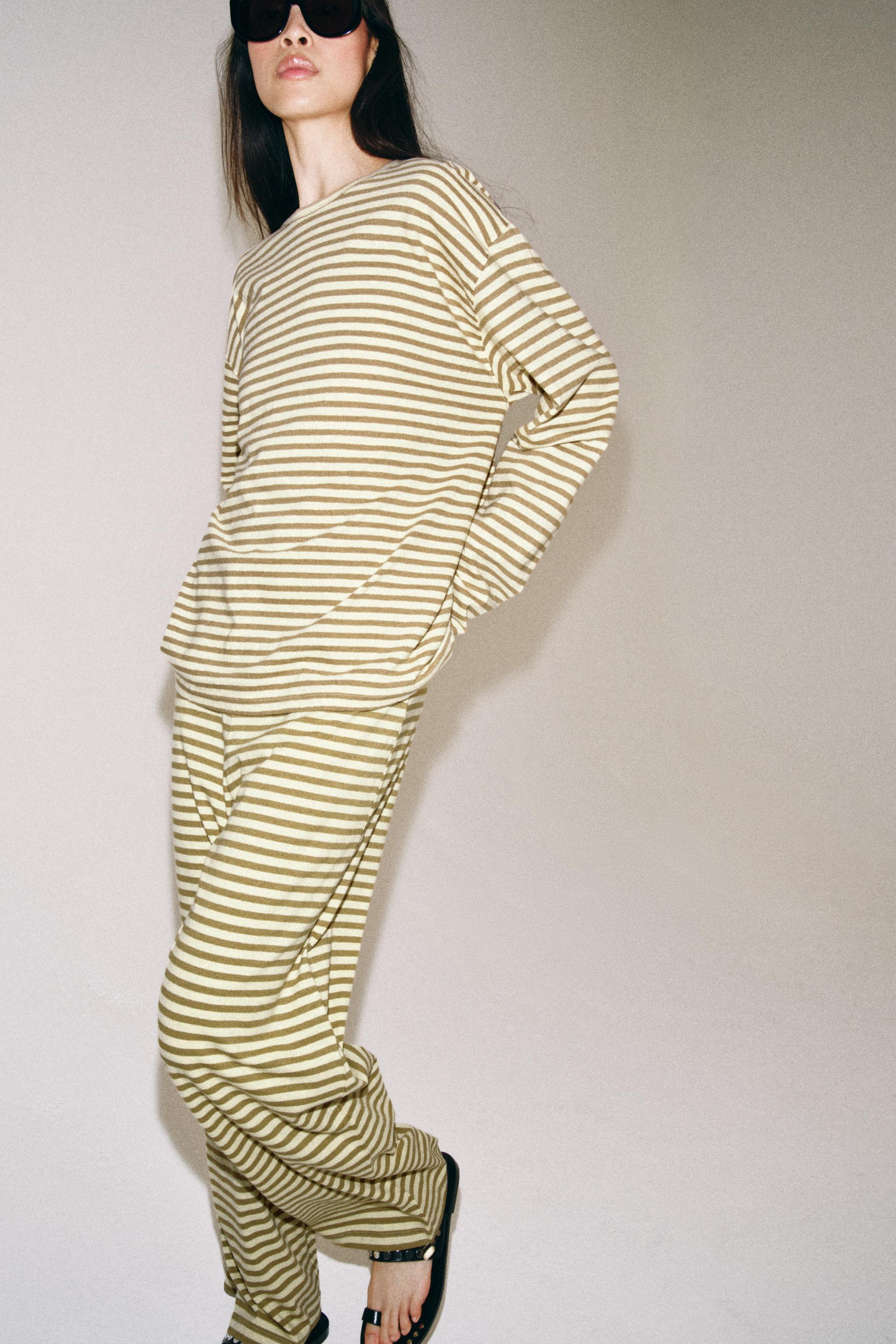 STRIPED COTTON AND LINEN TROUSERS — Beige