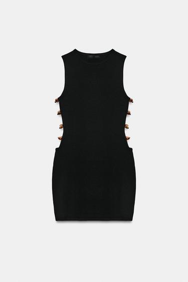 Zara BEADED KNIT CUT-OUT MINI DRESS - Black
