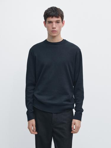 Zara Knit cotton and wool sweater with crew neck - Navy blue