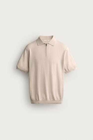 Zara REGULAR FIT ZIP KNIT POLO - Ecru / Beige