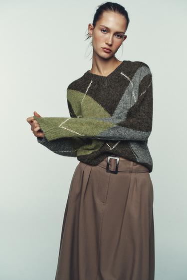 DIAMOND KNIT JUMPER - Brown / Green by Zara