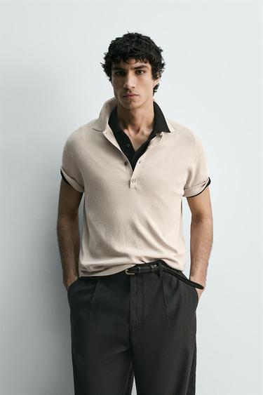 COTTON BLEND KNIT POLO SHIRT - Stone by Zara
