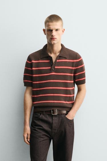 STRIPED JACQUARD KNIT POLO SHIRT - Brown by Zara