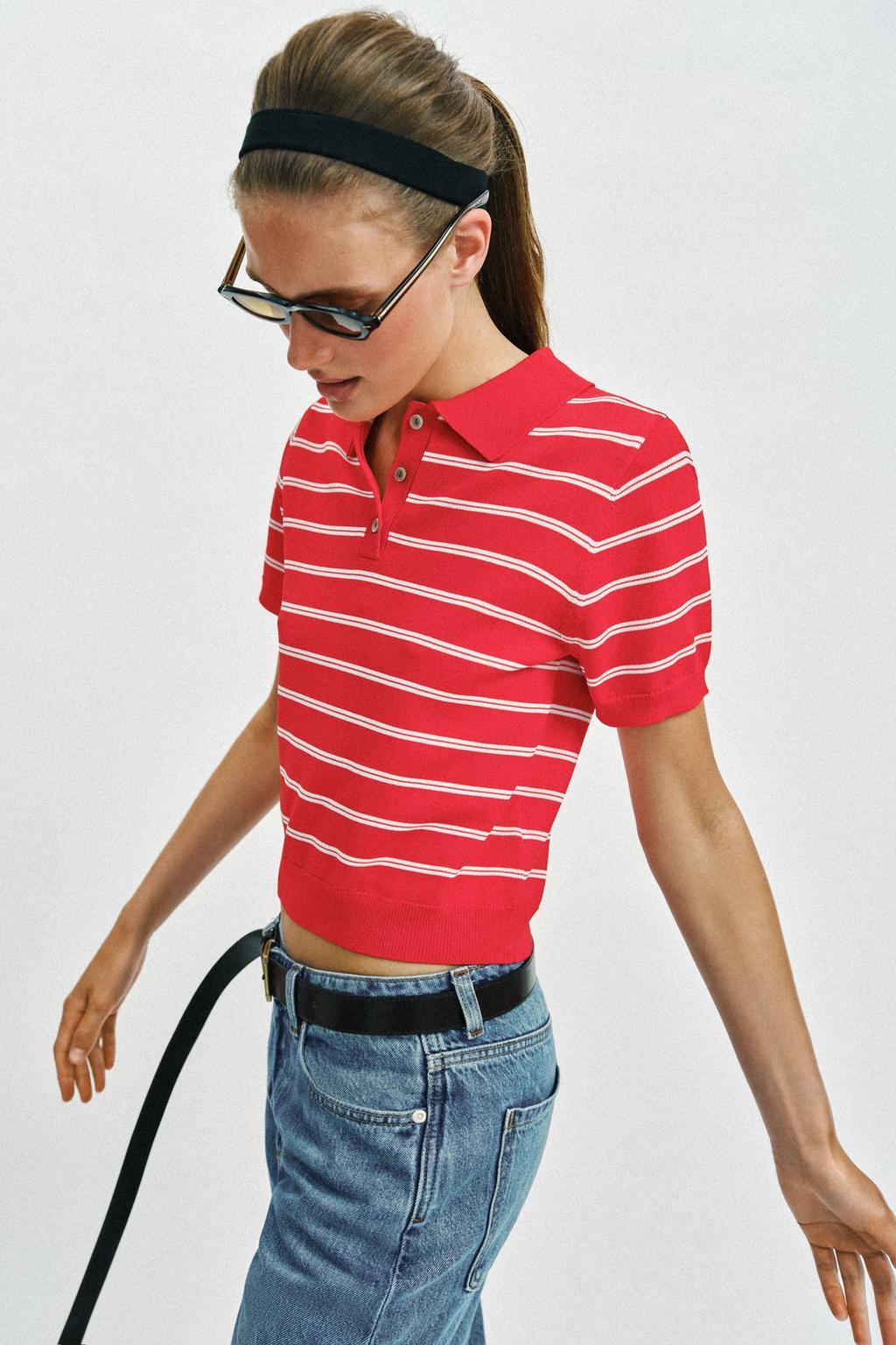 STRIPED SHORT SLEEVE KNIT POLO TOP