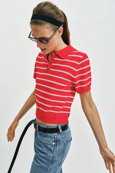 STRIPED SHORT SLEEVE KNIT POLO SHIRT - Red by Zara