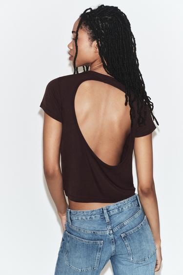 Zara OPEN BACK T-SHIRT - Dark brown