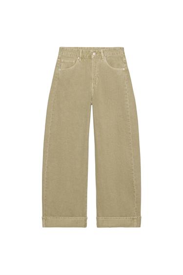Zara TRF MID-RISE FOLDED BAGGY JEANS - Olive Green