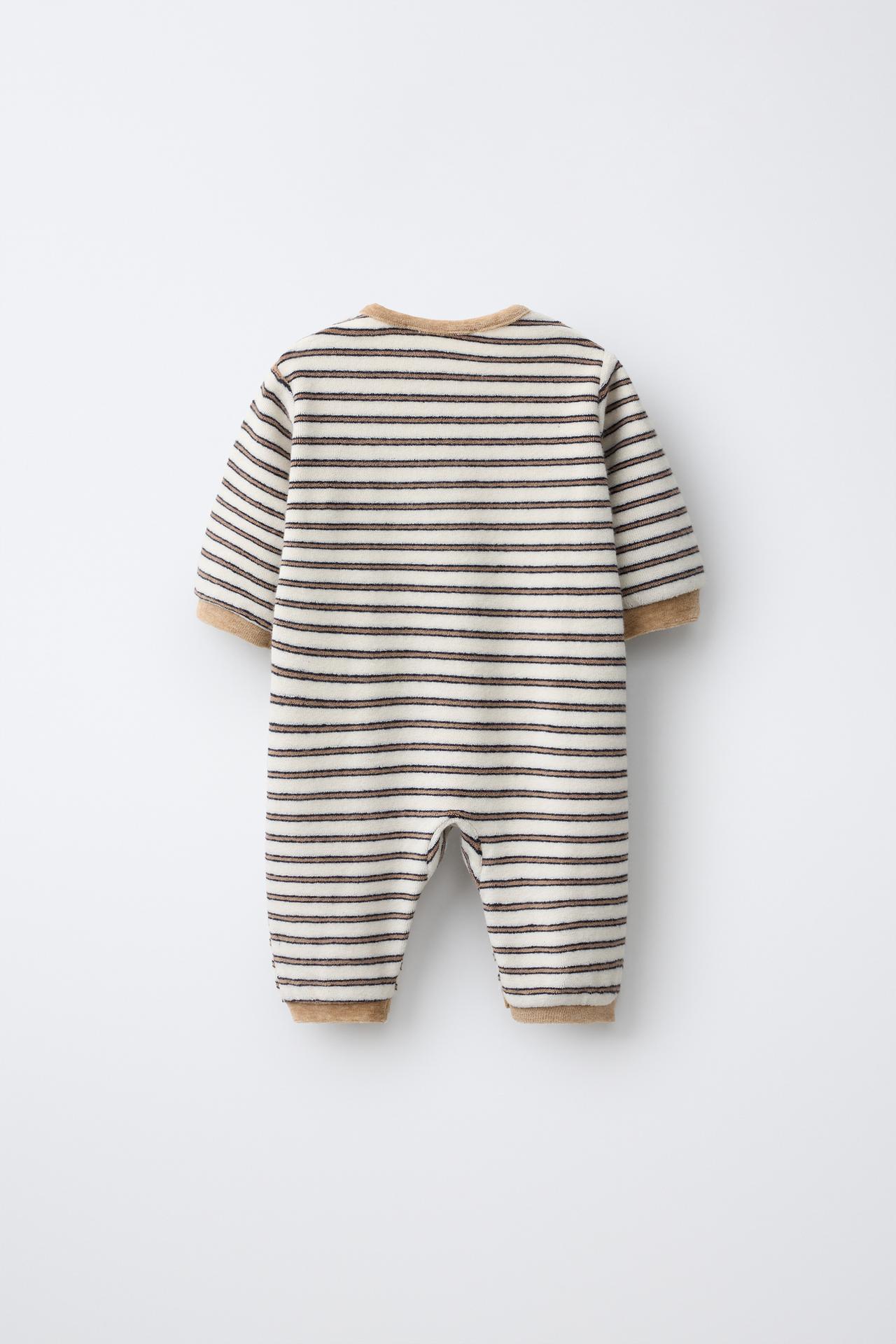 STRIPED JUMPSUIT WITH TERRY BEAR EMBROIDERY — Brown