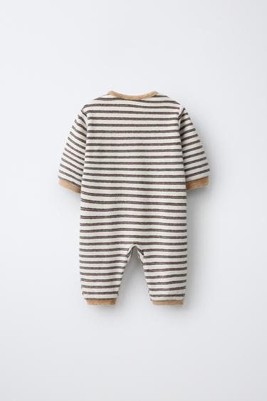 STRIPED JUMPSUIT WITH TERRY BEAR EMBROIDERY — Brown 2