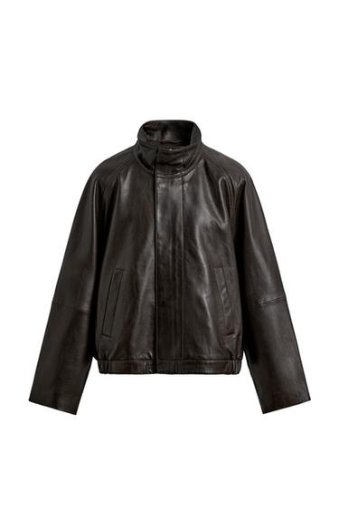 Zara LEATHER BOMBER JACKET - Chocolate