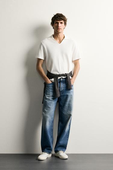 Zara REGULAR FIT OPEN-KNIT POLO - Oyster-white