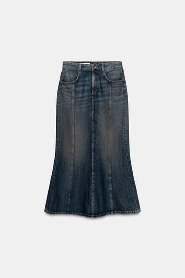 Zara TRF 刷色效果中長版牛仔半身裙 - 藍色