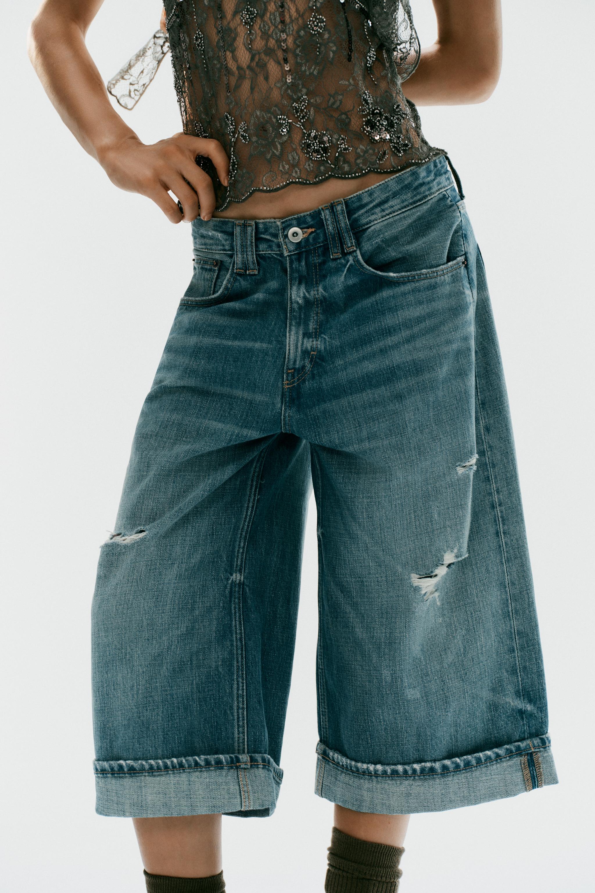 TRF MID RISE RIPPED DENIM JORTS — Blue