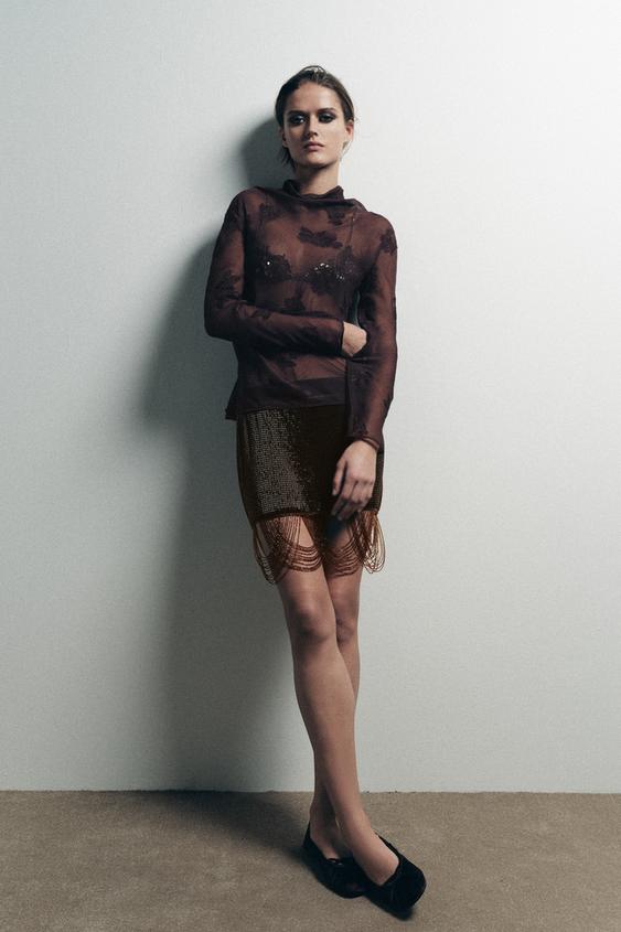 SEMI-SHEER SHIRT WITH FLORAL EMBROIDERY