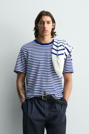 Zara T-SÄRK REGULAR FIT ŽAKARDTRIIPUDEGA - Valge/meresinine