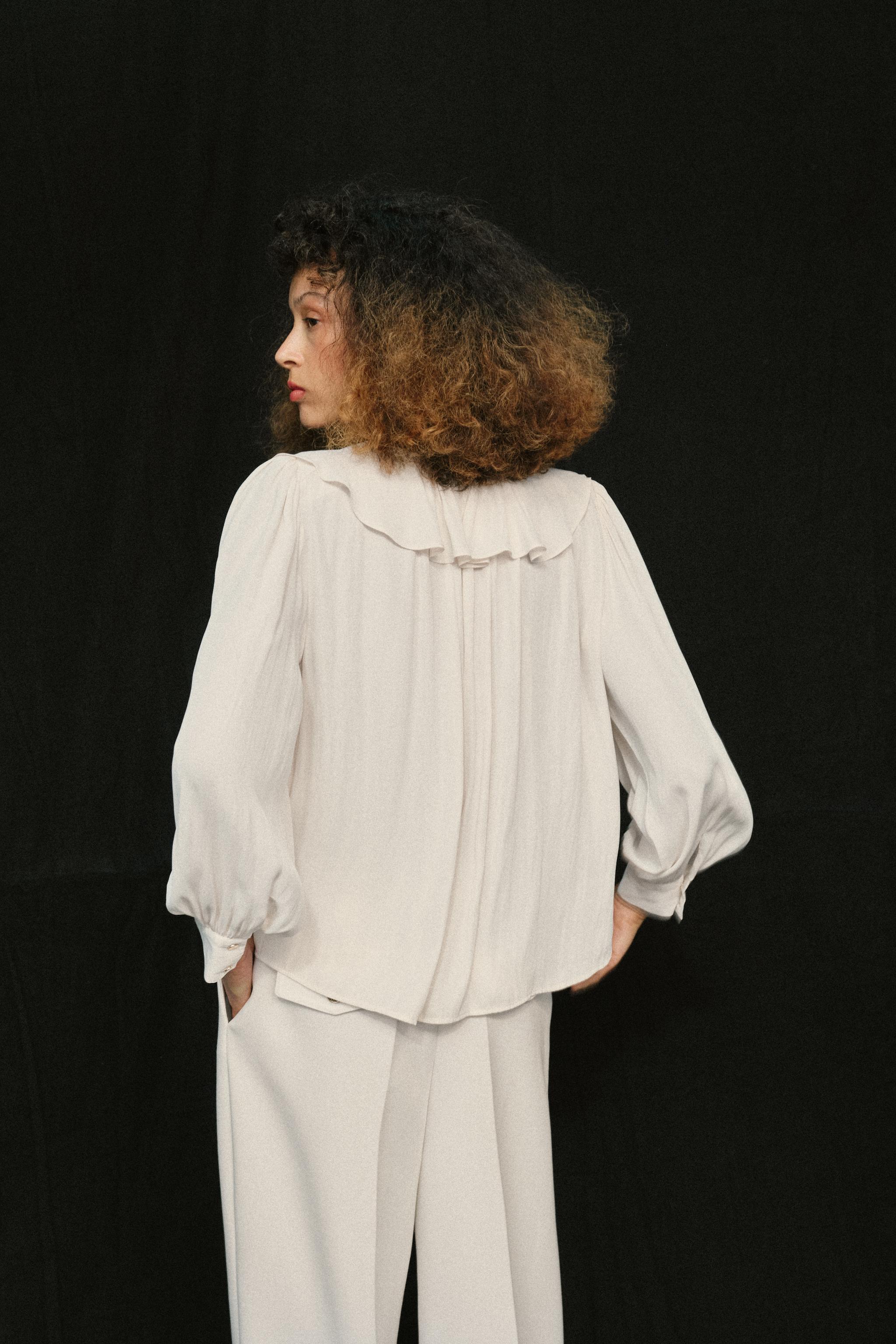 RUFFLED SATIN EFFECT BLOUSE WITH SHOULDER PADS