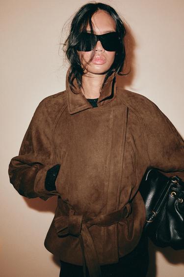FAUX SUEDE BELTED JACKET — Toffee 2