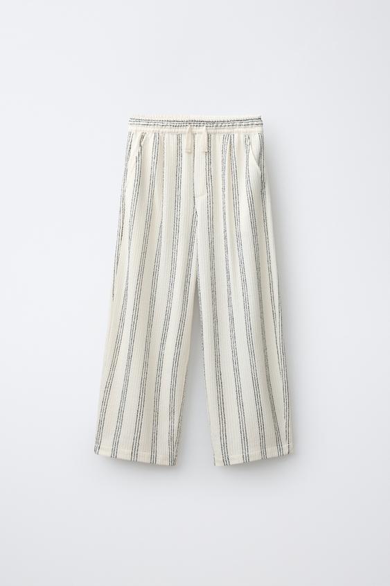 STRIPED RUSTIC WIDE-LEG TROUSERS - Ecru / Navy by Zara - Image 0