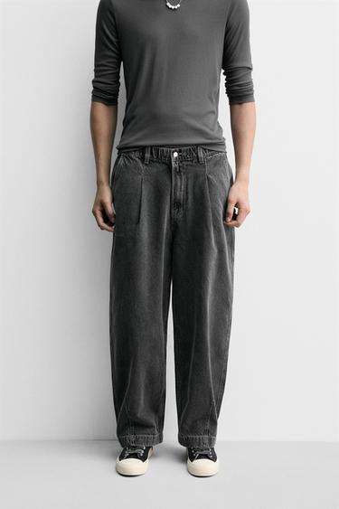 WIDE-LEG PLEATED DENIM CHINO TROUSERS - Grey by Zara