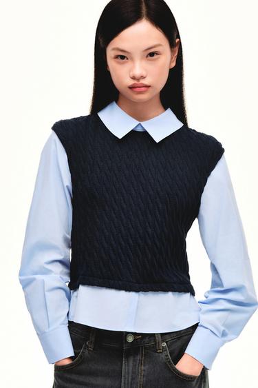 Zara 拼接府綢襯衫 - 海藍色