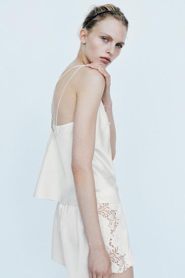 SATIN SHORTS WITH LACE TRIM - Ecru by Zara