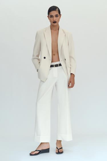 Zara CUFFED HEM BELTED PANTS - White
