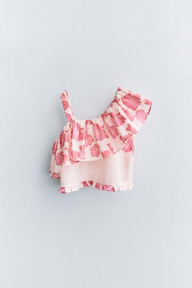 Zara ASYMMETRIC RUFFLE FLORAL TOP - Pink