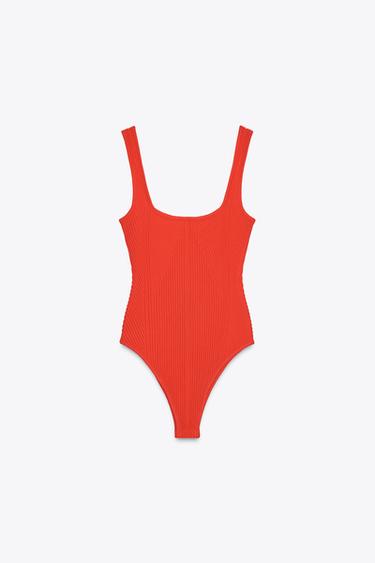 Zara TEXTURED STRAPPY BODYSUIT - Red