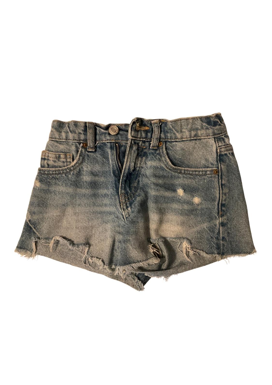 Distressed blue denim shorts with frayed edges and distressed detailing on the front.