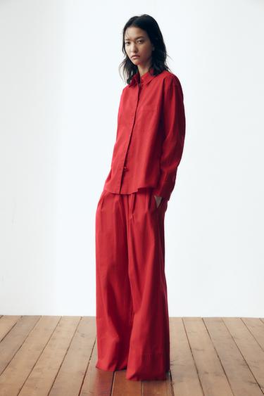 Zara LINEN BLEND PANTS ZW COLLECTION - Dark red