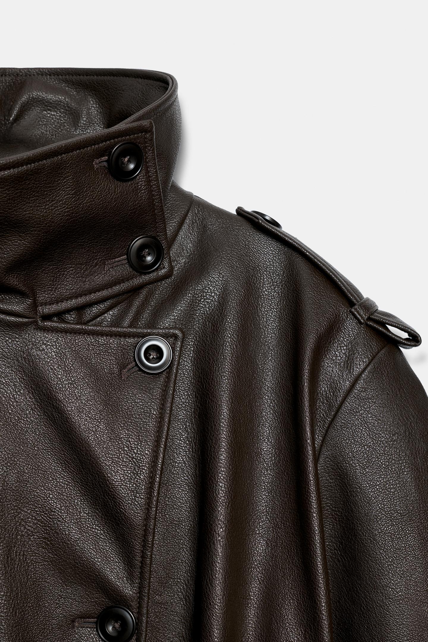 Женское пальто Zara Faux Leather Long Trench, цвет: Тёмный коричневый — фото 8