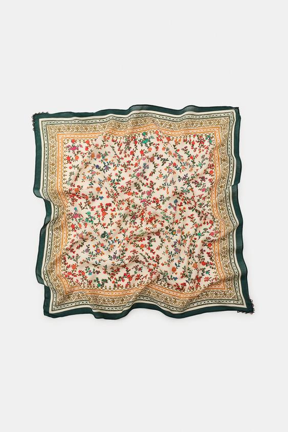 Zara FLORAL PRINT SILK-BLEND SCARF - Ecru - Image 0
