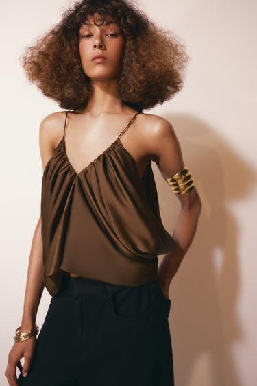 ZW COLLECTION DRAPED SATIN TOP - Tobacco by Zara