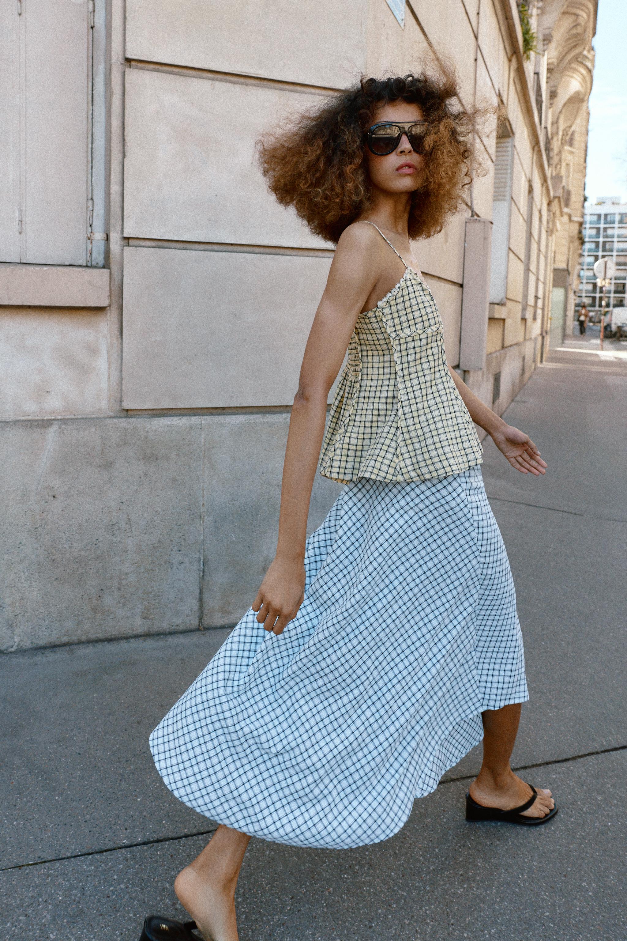 ASYMMETRIC PLAID MIDI SKIRT