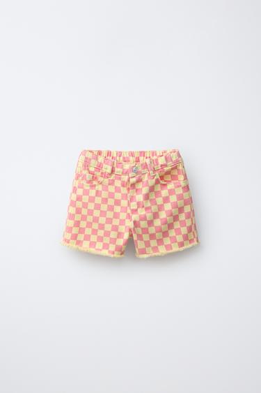 SHORT EN SERGÉ COUPE MOM À DAMIER - Rose de Zara - Image 0