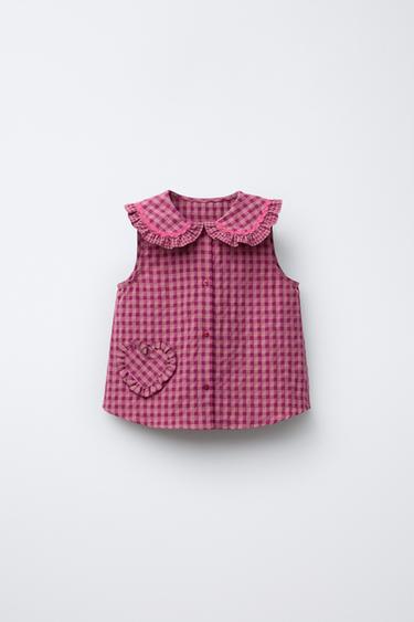 깅엄 체크 프릴 블라우스 - Zara 자주색