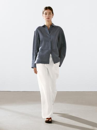 Zara 100% linen striped trousers with buckle detail - White